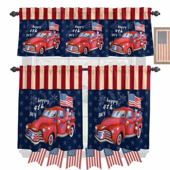 USA Flag Red Truck Kitchen Curtains Valances 3 Piece Set, Independence Day Blue Star Red Strips Rod Pocket Tier Curtain and Valance Drapes for Small Window 24 Inch Length for Bedroom Cafe