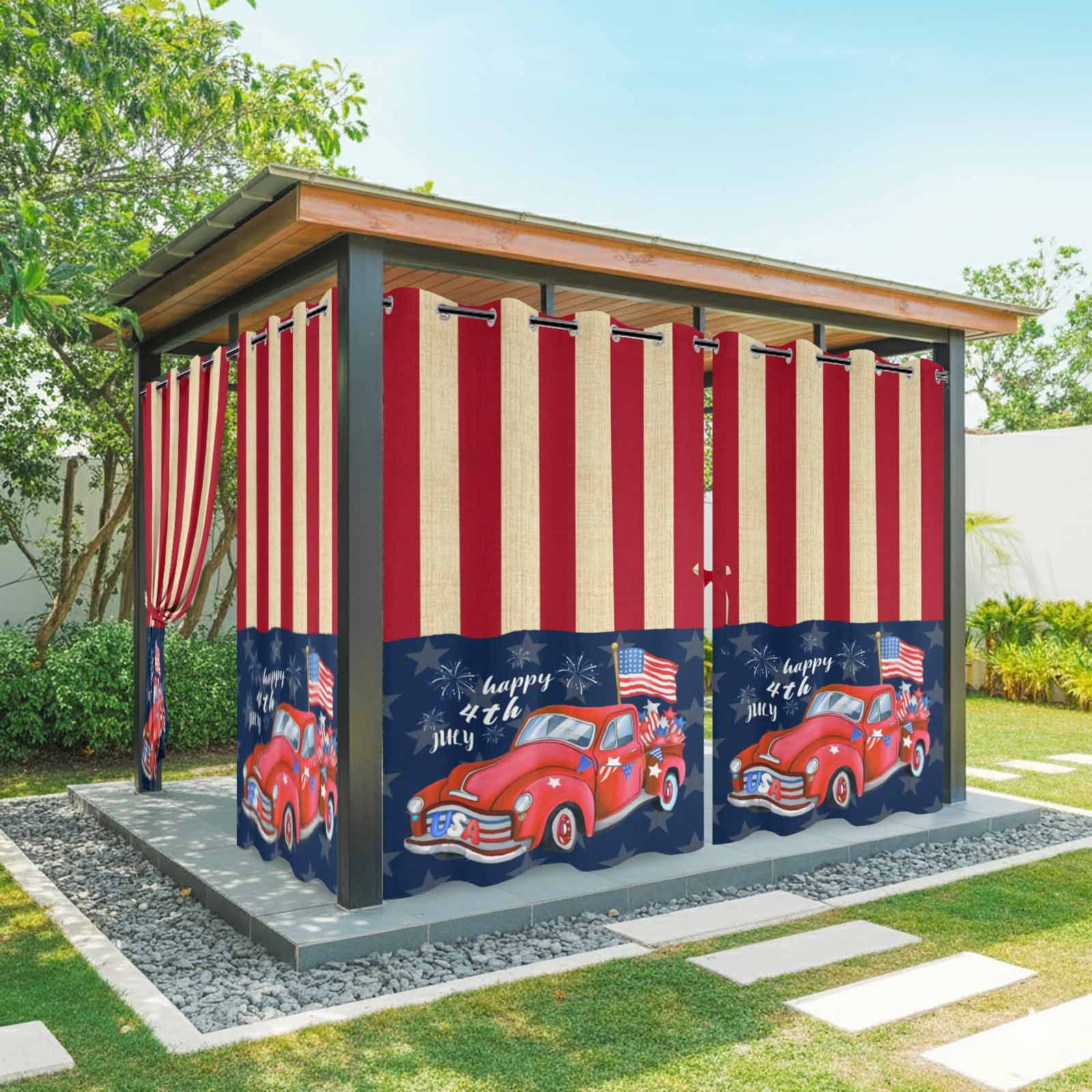 USA Flag Red Truck Outdoor Curtains for Patio, Independence Day Blue Star Red Strips Sunshade Privacy Drapes Grommet Waterproof Outside Curtains for Porch/Cabana/Balcony 54"x 108", 1 Panel