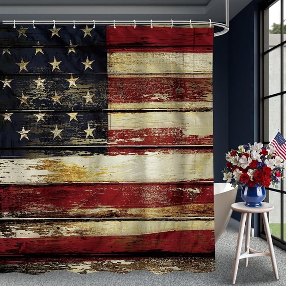 USA Flag Shower Curtain with Hooks, Vintage Patriotic American Flag Bathroom Curtain, 4th of July Independence Day Wooden Plank Flag Design, Memorial Day Decor Waterproof Polyester Bath Curtain