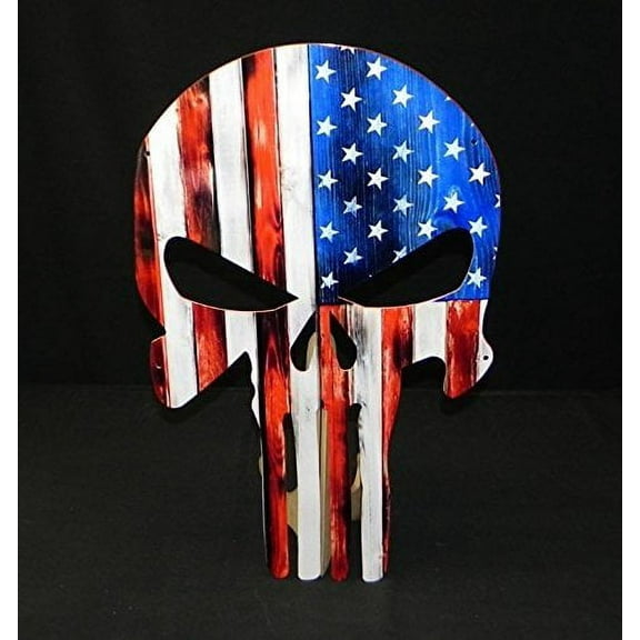 USA Flag Skull Large Metal Wall Hanging Sign - Looks like Wood 24" x 15"