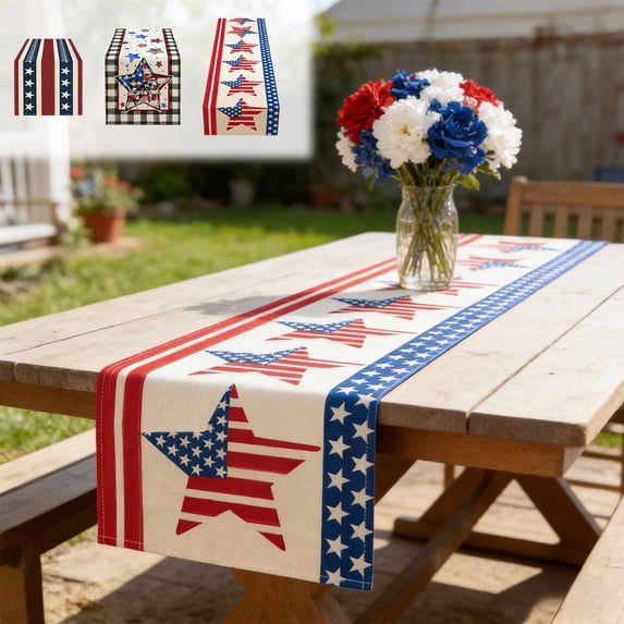 USA Flag Star Pattern Patriotic Table Runner, Long Strip Table Cover, Festive Decor Cloth for Independence Day Memorial Day Dining Outdoor Party Layout