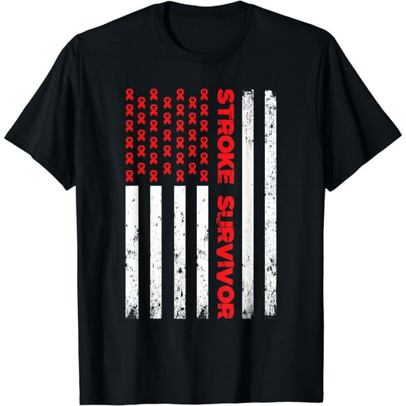 USA Flag Stroke Survivor Awareness Red Ribbon Brain Attack T-Shirt