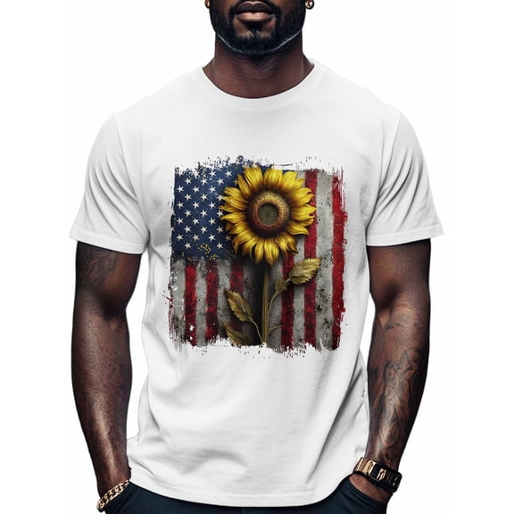 USA Flag Sunflower Men's T Shirts T-Shirt for Men Crew Neck Tees Cotton Tops, White, S