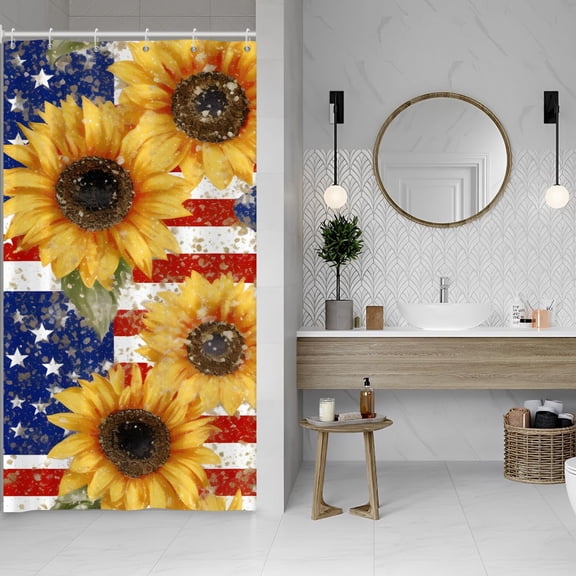 USA Flag Sunflower Shower Curtain Yellow Flower Blue White Red Stars and Stripes Shower Curtains for Independence Day Bathroom Bathtubs Shower Curtain with Hooks 36x72 Inches