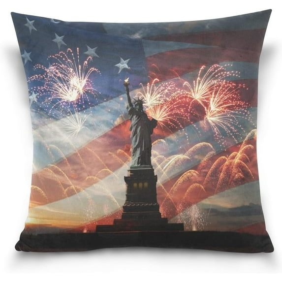 USA Flag Sunrise Fireworks Velvet Plush Throw Pillow Cushion Case Cover - 16" x 16" - Invisible Zipper Home Decor Floral for Couch Sofa No Pillow Insert