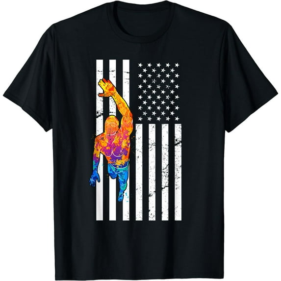USA Flag Swim Sport Patriotic Swimmer Athlete Swimming T-Shirt Black Large