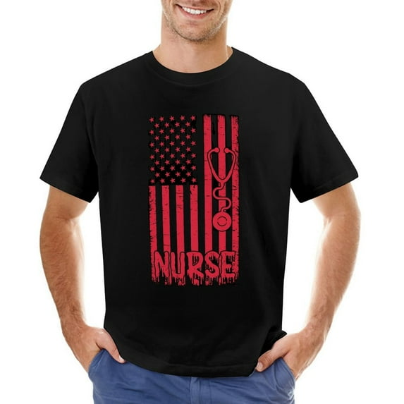 USA Flag T-Shirt American Flag Nurse Men’s Graphic T-shirt Vintage Short Sleeve Sport Tee Black 4XL