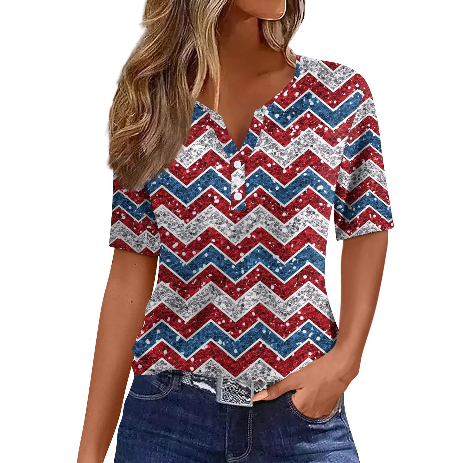 USA Flag TShirts for Women Summer Colorful Stripe Printed Henley Elbow