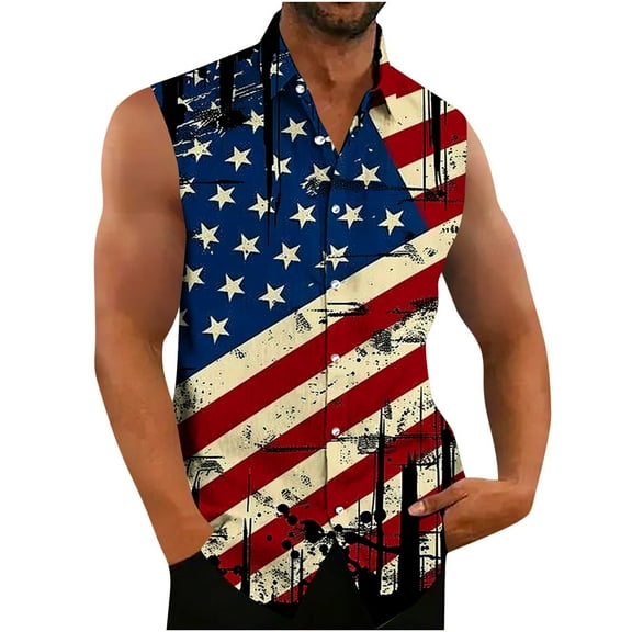 USA Flag Tank Top for Men Summer Lapel Tops 4th of July Printed Top Sleeveless Vest Button Down Blouse American Patriot Tee Stripe T Shirt Loose Breathable Tanks