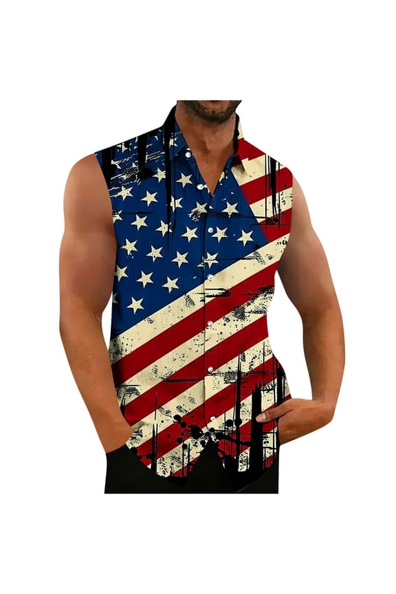 USA Flag Tank Top for Men Summer Lapel Tops 4th of July Printed Top Sleeveless Vest Button Down Blouse American Patriot Tee Stripe T Shirt Loose Breathable Tanks