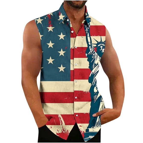 USA Flag Tank Top for Men Summer Lapel Tops 4th of July Printed Top Sleeveless Vest Button Down Blouse American Patriot Tee Stripe T Shirt Loose Breathable Tanks