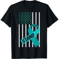 thumbnail image 1 of USA Flag Teal Ribbon Products Ovarian Cancer Awareness T-Shirt, 1 of 4