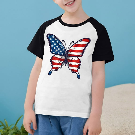 USA Flag Tee Shirt For Kids 4Th Of July Memorial Day Gift T Shirt Boys Girls Casual Raglan Short Sleeve American Proud Tops Black 5-6 Years