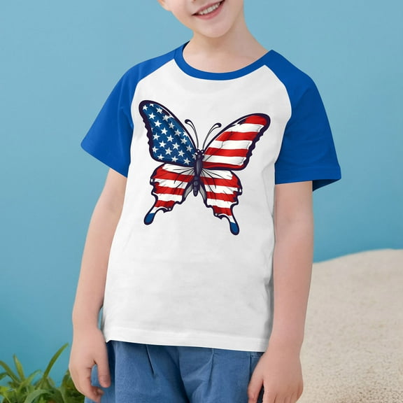 USA Flag Tee Shirt For Kids 4Th Of July Memorial Day Gift T Shirt Boys Girls Casual Raglan Short Sleeve American Proud Tops Blue 11-12 Years