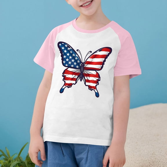 USA Flag Tee Shirt For Kids 4Th Of July Memorial Day Gift T Shirt Boys Girls Casual Raglan Short Sleeve American Proud Tops Pink 7-8 Years