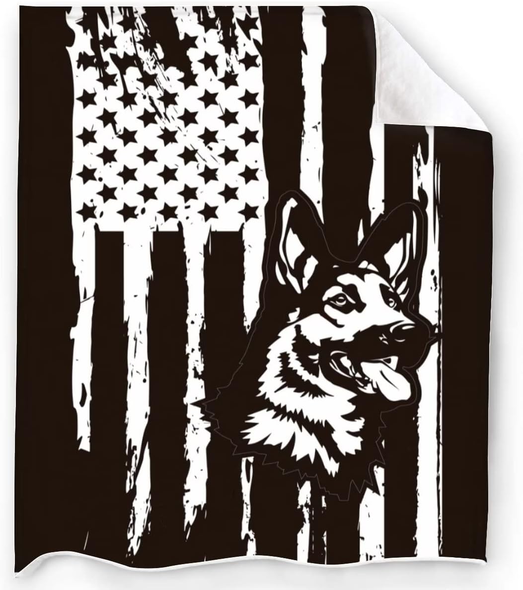 USA Flag Themed German Shepherd Dog Throw Blanket Soft Fuzzy Plush Blanket Lightweight Flannel Blankets for Couch Bed Living Room Adults Kids Teens Gifts All Seasons 80"X60"