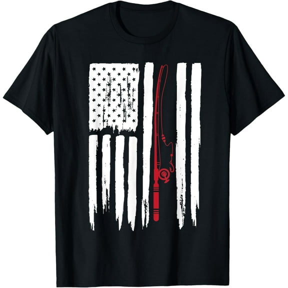 USA Flag Themed Vintage Retro Style Fishing Rod T-Shirt100% cotton