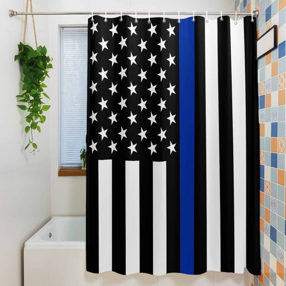 USA Flag Thin Blue Line Star Shower Curtain for Bathroom, America Law Enforcement Flags Waterproof Shower Curtains Washable Quick Dry with Hooks Bathtub Curtains 36x72IN