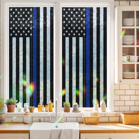 USA Flag Thin Blue Line Star Window Privacy Film,Decorative Windows Static Cling America Law Enforcement Flags Heat Control Removable Glass Sticker for Home Bathroom Bedroom Window Door,17.7x39.3in