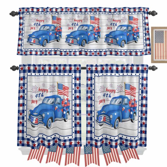 USA Flag Truck Kitchen Curtains Valances 3 Piece Set, Independence Day Wood Grain Blue Plaid Rod Pocket Tier Curtain and Valance Drapes for Small Window 24 Inch Length for Bedroom Cafe