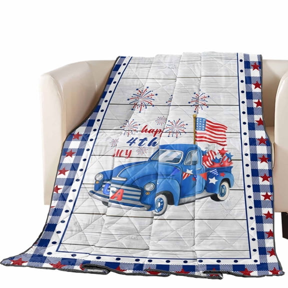 USA Flag Truck Quilted Comforters Cooling Blanket King Size, Independence Day Wood Grain Blue Plaid Cold Comfort for Hot Sleepers Lightweight Air Conditioning Quilt Blanket for Bed