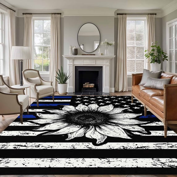 USA Flag Washable Area Rug 5 x 7 ft Sunflower Retro Blue Strip Star Independence Day, Soft Non Slip Rugs Stain Repellent Indoor Felt Carpet for Living Dining Room Bedroom Home Office