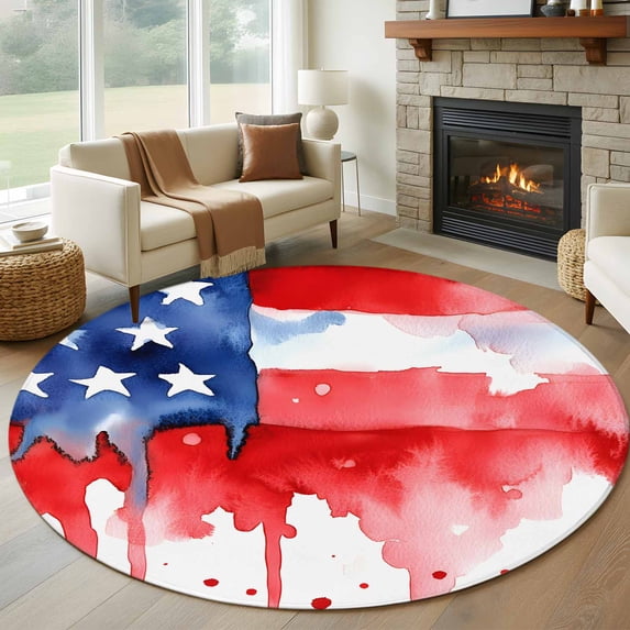 USA Flag Washable Round Area Rug 7 ft, Independence Day, Soft Non Slip Rugs Stain Repellent Indoor Felt Carpet for Living Dining Room Bedroom Home Office
