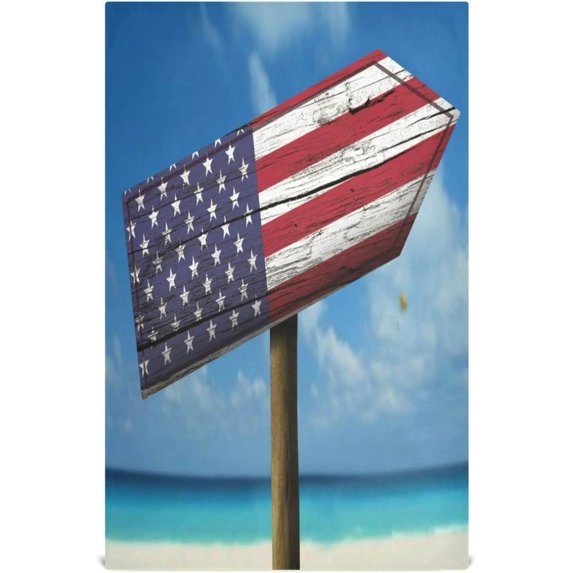 USA Flag Wooden Sign with A Beach on Background - Europe Tea Towels Set of 1 Kitchen Dish Cloth with Hanging Loop, 18"x28"Lint-Free Absorbent Towel for Kitchen Drying Wiping and Cleaning