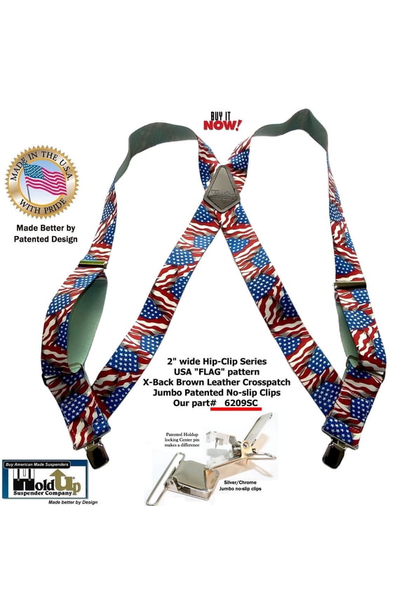 USA Flag pattern Holdup Hip-Clip 2 inch wide suspenders with Patented Jumbo silver tone no-slip clips