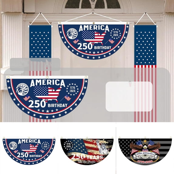USA Flags Semi-Circular 250th Anniversary, 4th of July Patriotic Decorations Outdoor, Half Round US Flag for Front Porch, Wall Hanging for Home Decor