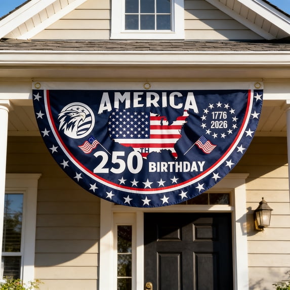 USA Flags Semi-Circular 250th Anniversary, 4th of July Patriotic Decorations Outdoor, Half Round US Flag for Front Porch, Wall Hanging for Home Decor