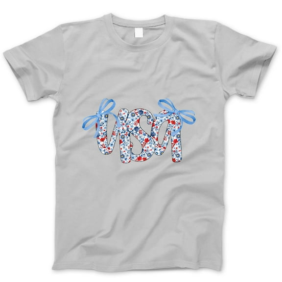 USA Floral Bow T-Shirt – Patriotic Red White Blue Graphic Tee for Women & Girls, 4th of July Cute Summer Shirt, America Bow Tee Independence Day Top