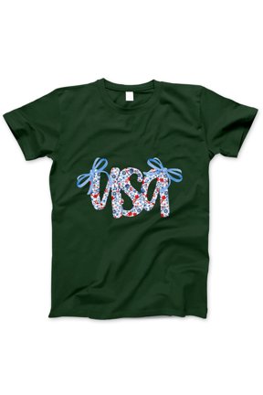USA Floral Bow T-Shirt – Patriotic Red White Blue Graphic Tee for Women & Girls, 4th of July Cute Summer Shirt, America Bow Tee Independence Day Top