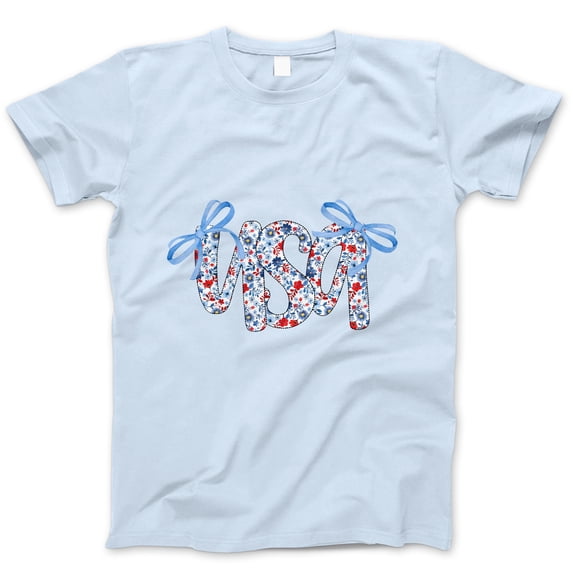 USA Floral Bow T-Shirt – Patriotic Red White Blue Graphic Tee for Women & Girls, 4th of July Cute Summer Shirt, America Bow Tee Independence Day Top