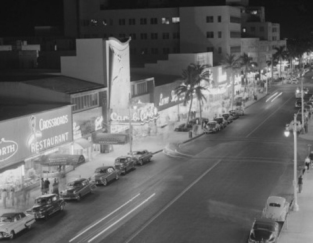 USA Florida Miami night view of Lincoln Road showing restaurant and stores Canvas Art - (18 x 24)
