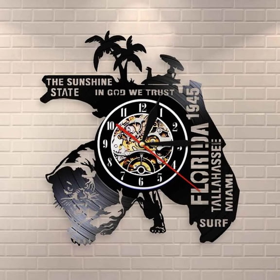USA Florida State Cityscape Vinyl Wall Clock,Vinyl Record Clock Wall Art Black Handmade Art Home Unique Gift idea