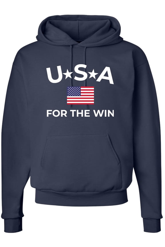 USA For The Win Printed Hoodie American Flag Patriotic 4th of July Pullover, Navy Blue (Medium)