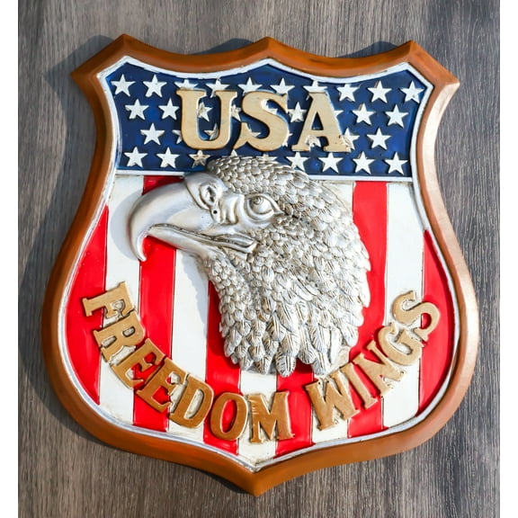 USA Freedom Wings Silver Bald Eagle In Vintage Route 66 Shape Decor Wall Plaque