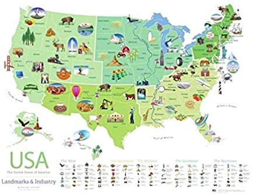 USA Fun Colorful Map of Landmarks &amp; Industry Poster 20x30 Detailed ...