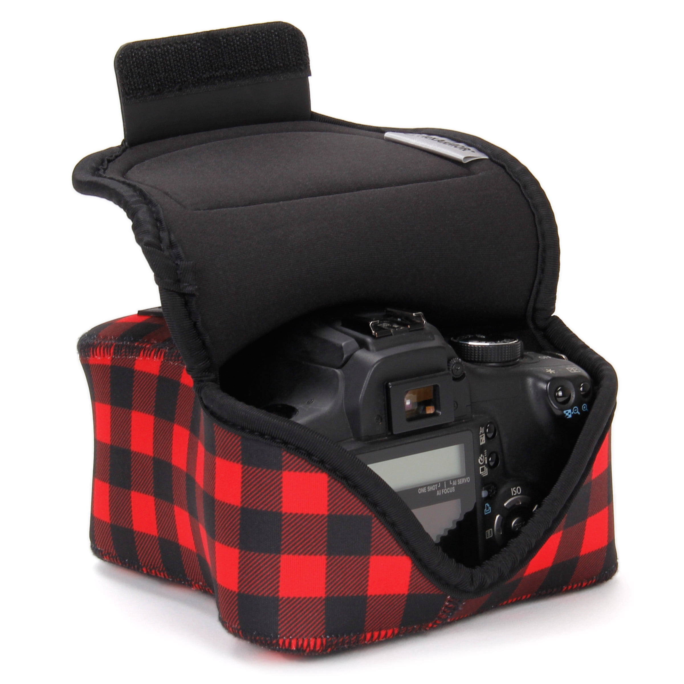 USA GEAR DSLR Camera Case / SLR Camera Sleeve (Red Plaid) with Neoprene Protection , Holster Belt Loop and Accessory Storage - Compatible With Nikon D3400 / Canon EOS Rebel SL2 / Pentax K-70 & More