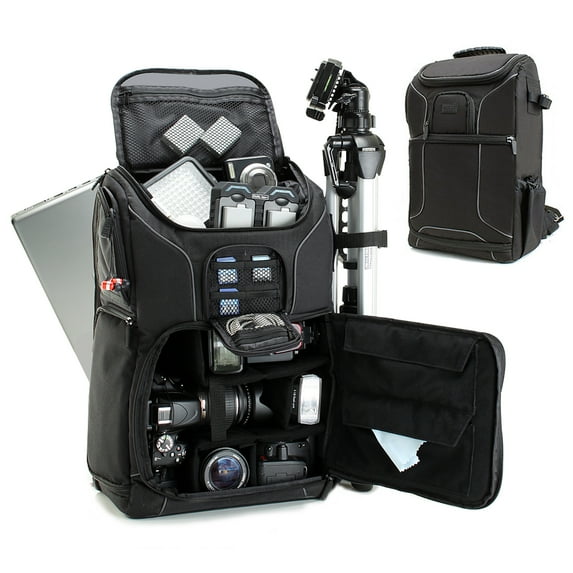 USA GEAR Digital SLR Camera Backpack Case w/15.6" Laptop Compartment featuring Padded Custom Dividers, Tripod Holder, Rain Cover. Long-Lasting Durability & Storage Pockets - Compatible w/Many DSLRs