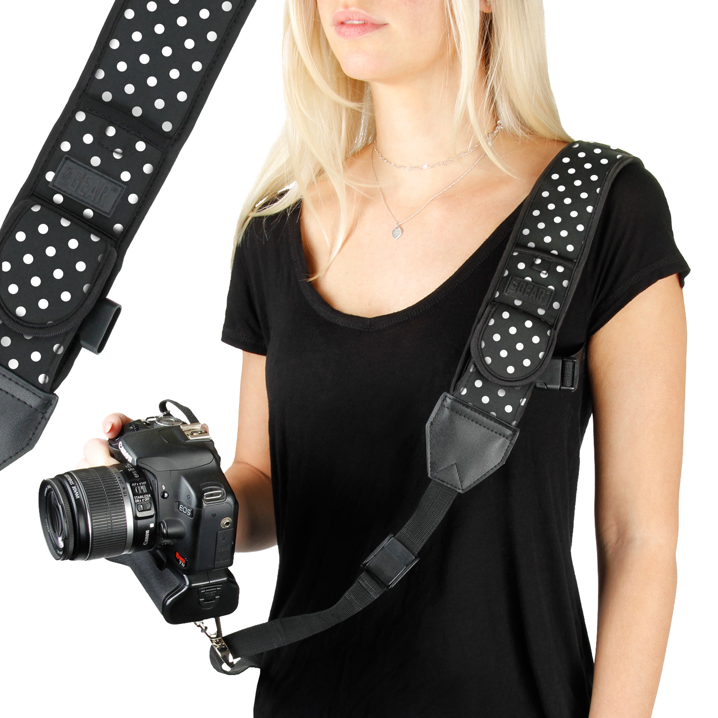 USA GEAR TrueSHOT Rapid Fire Camera Neck Strap Sling, Polka Dot