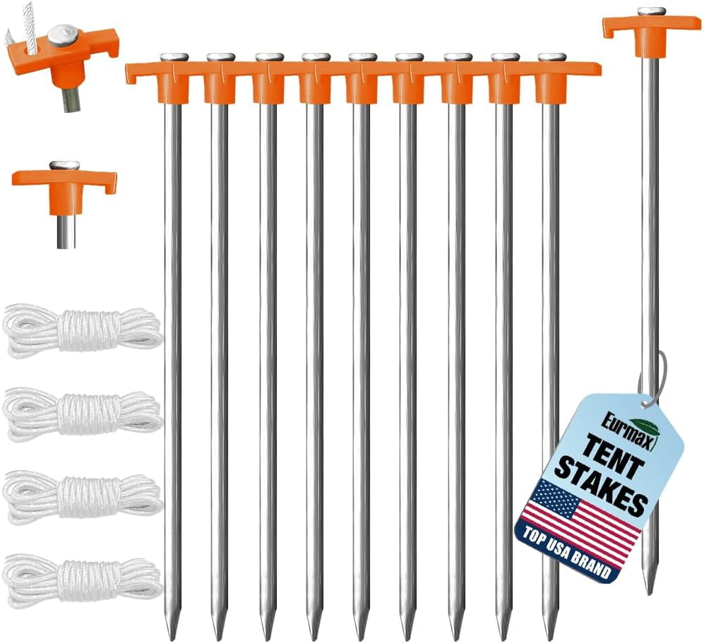 USA Galvanized Non-Rust Camping Family Tent Pop Up Tent Stakes Canopy Anchors Heavy Duty 10pc-Pack, with 4x10ft Ropes & 1 Orange Stopper