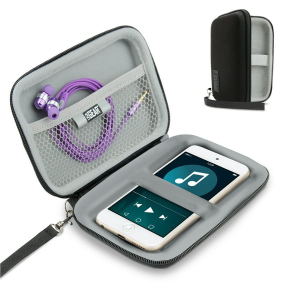 USA Gear Mp3 Player Case Compatible with Apple iPod Touch, Wrist Strap, Hard Shell (Black)