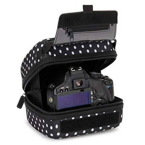 USA Gear Quick Access DSLR Hard Shell Camera Case (Polka Dot) w/ Molded EVA Protection, Padded Interior, Holster Belt Loop and Rubber Coated Handle - Works W/ Nikon, Canon, Pentax, Olympus and More