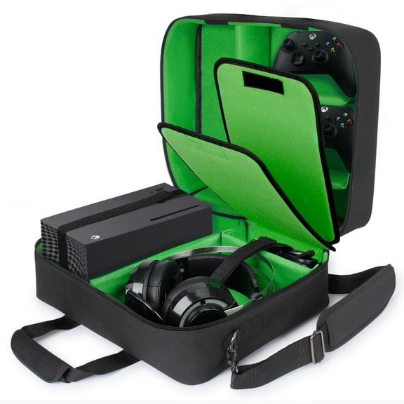 USA Gear Xbox Case - Console Case Compatible with Xbox Series X and Xbox Series S with Customizable Interior for Xbox Controllers, Xbox Games, Gaming Headset and More Gaming Accessories (Green)
