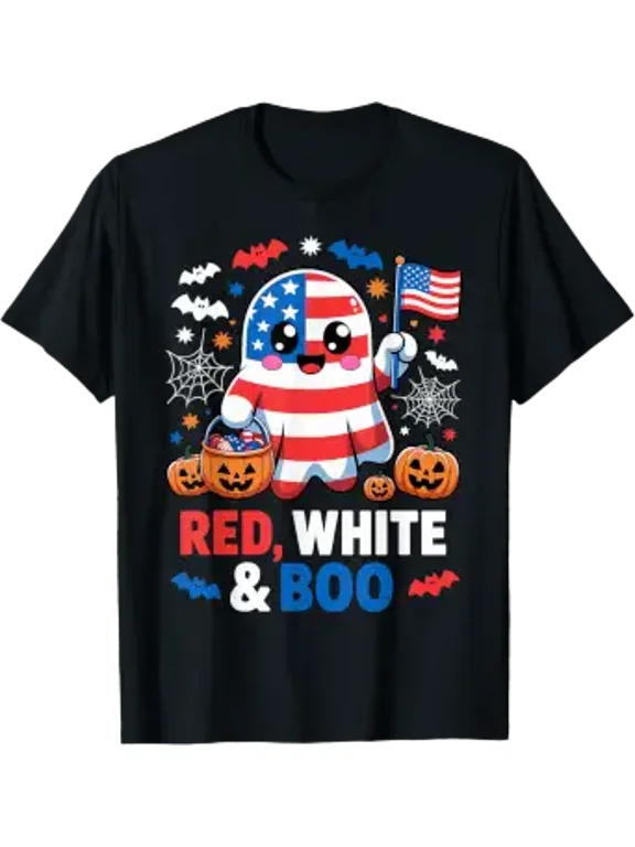 USA Ghost Flag Red White And Boo Halloween Graphic Design For Everyday Style T-Shirt, Size S-5XL