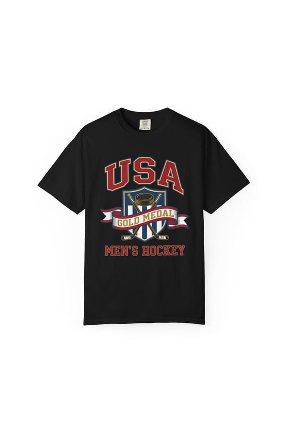 USA Gold Medal Mens Hockey Shirt, Patriotic Ice Hockey Championship, Red White Blue Team Support Top, Comfort Colors Unisex Cotton T-Shirt, Size S-3XL
