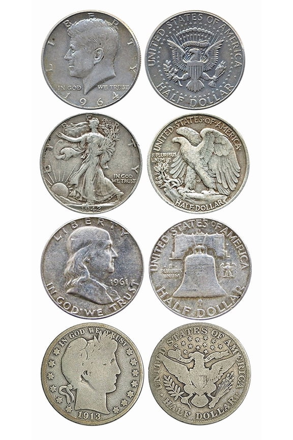 USA Half Dollar 50c Walking Liberty - Barber - JFK - Franklin Coin Type Set of 4