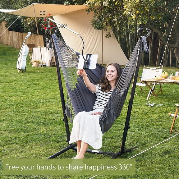 USA Hammock with Stand Phone Holder Double Hanging Chair Macrame Boho Adjustable Swing Indoor Outdoor Yard Garden Porch 400lbs Capacity Grey